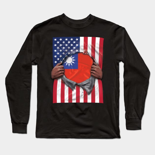 Taiwan Flag American Flag Ripped - Gift for Taiwanese From Taiwan Long Sleeve T-Shirt by Country Flags